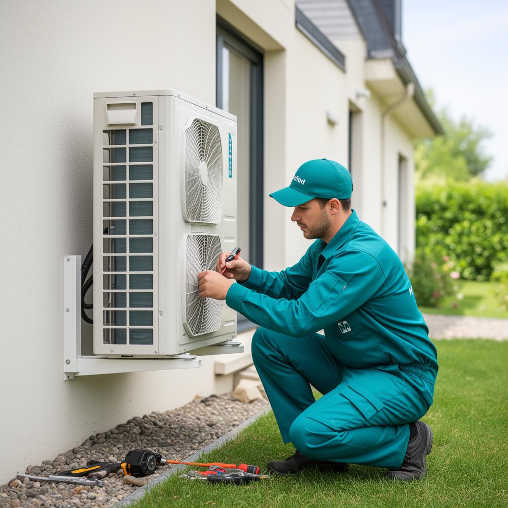 Technicien Groupe 9 Énergie installant une pompe à chaleur